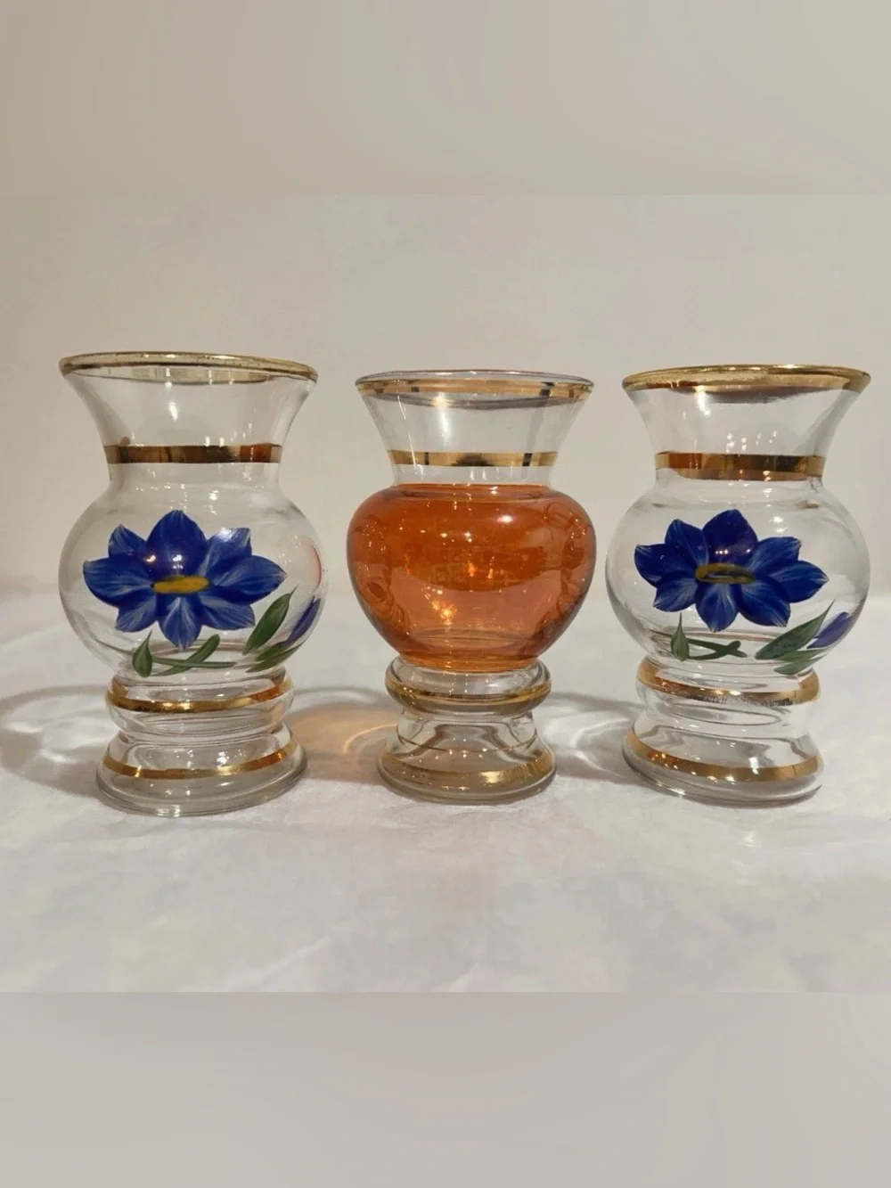 Set 3 Vtg 1960s Bartlett Collins Hand Painted Small Bud Vases with Gold Trim 4”